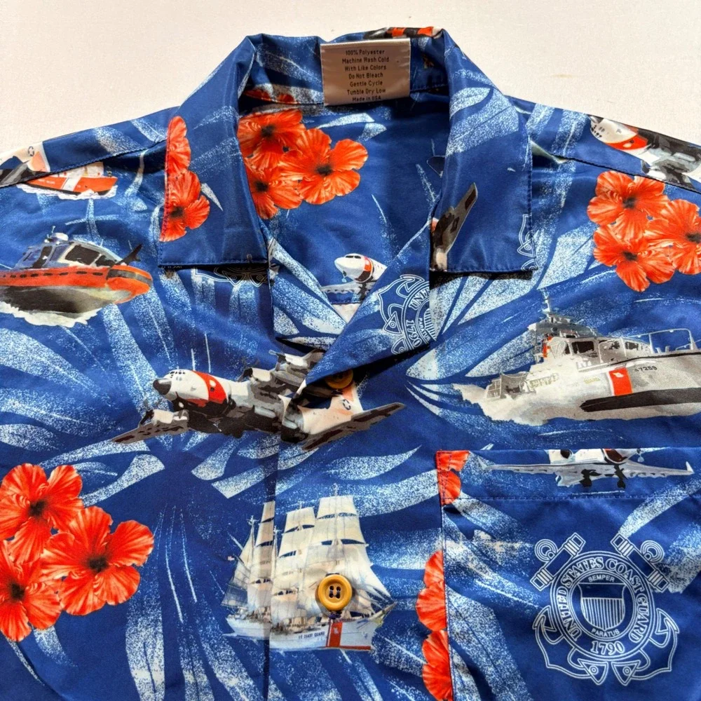 AE Sport US Coast Guard Hawaiian Shirt Mens Small Blue USCG Military Aloha USA